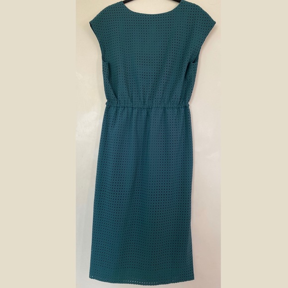 J. Crew Teal Green Perforated Laser Cut Diamonds Draped Slit Midi Dress - Picture 4 of 6